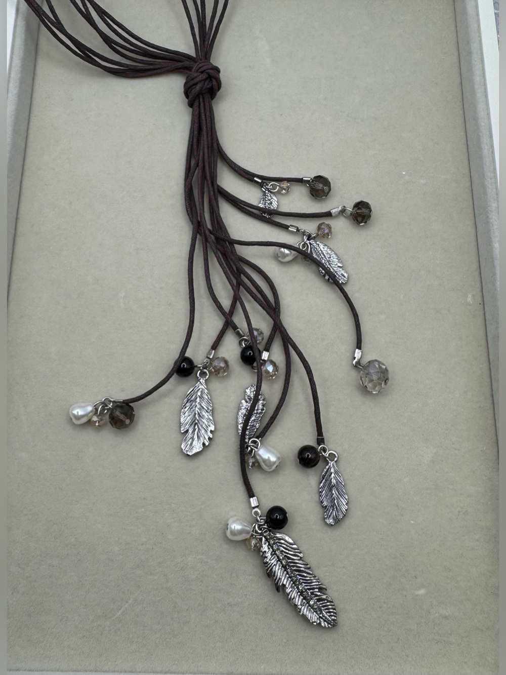 $58 Vera Bradley Feathers Brown Corded Tassel Necklace NWT Silver Tone